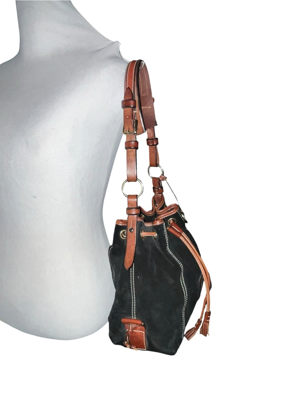 Vintage Dooney & Bourke Black Suede Drawstring Bucket Bag - Picture 3 of 16